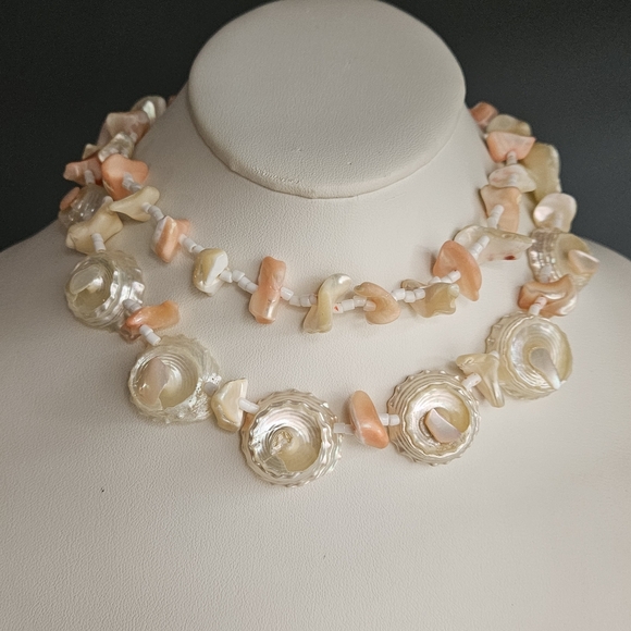 Japan Jewelry - Vintage Japan Signed Necklace 50s 60s Puka Shell MOP Pink White Double Strand